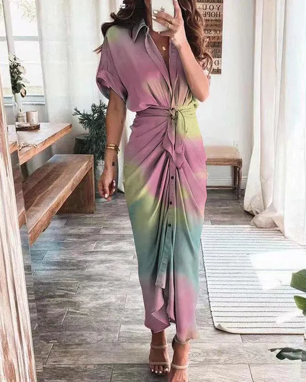 High Waist Printed Long Shirt Dress
