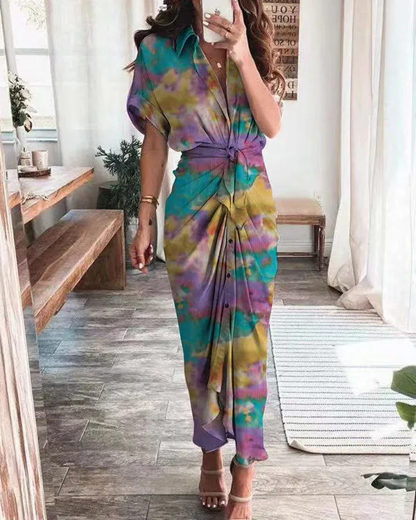 High Waist Printed Long Shirt Dress
