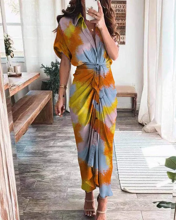 High Waist Printed Long Shirt Dress