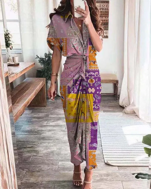 High Waist Printed Long Shirt Dress