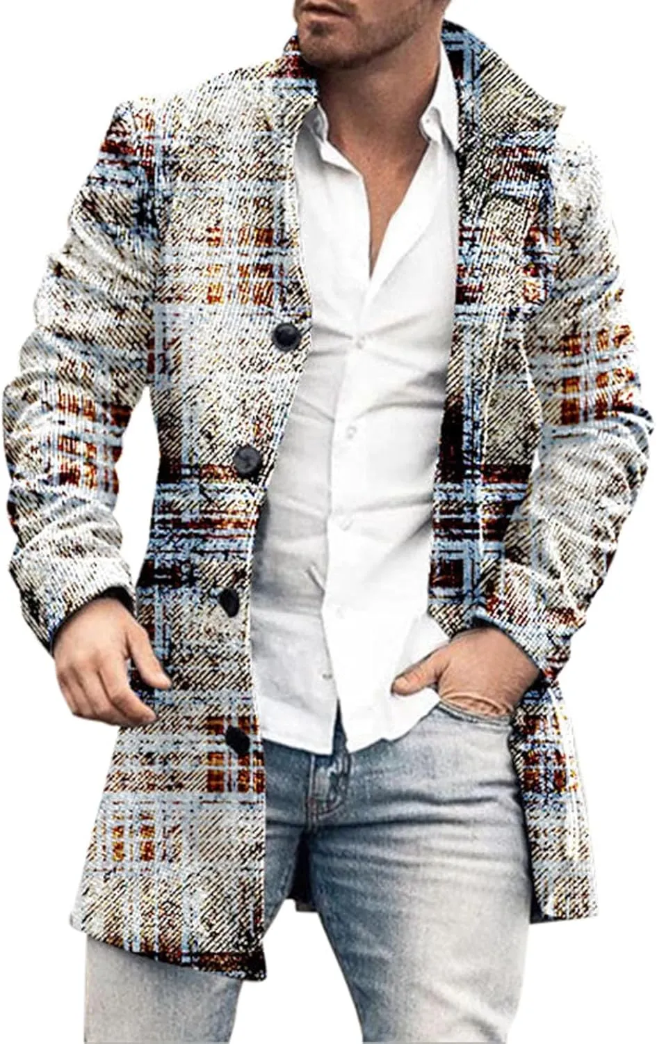 Houndstooth Overcoat for Men Single Breasted Color Block Patchwork Long Coats Hiking Outwear Sport Windbreaker Coats