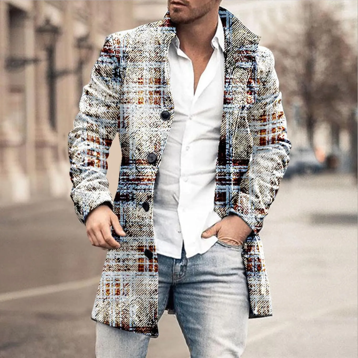 Houndstooth Overcoat for Men Single Breasted Color Block Patchwork Long Coats Hiking Outwear Sport Windbreaker Coats