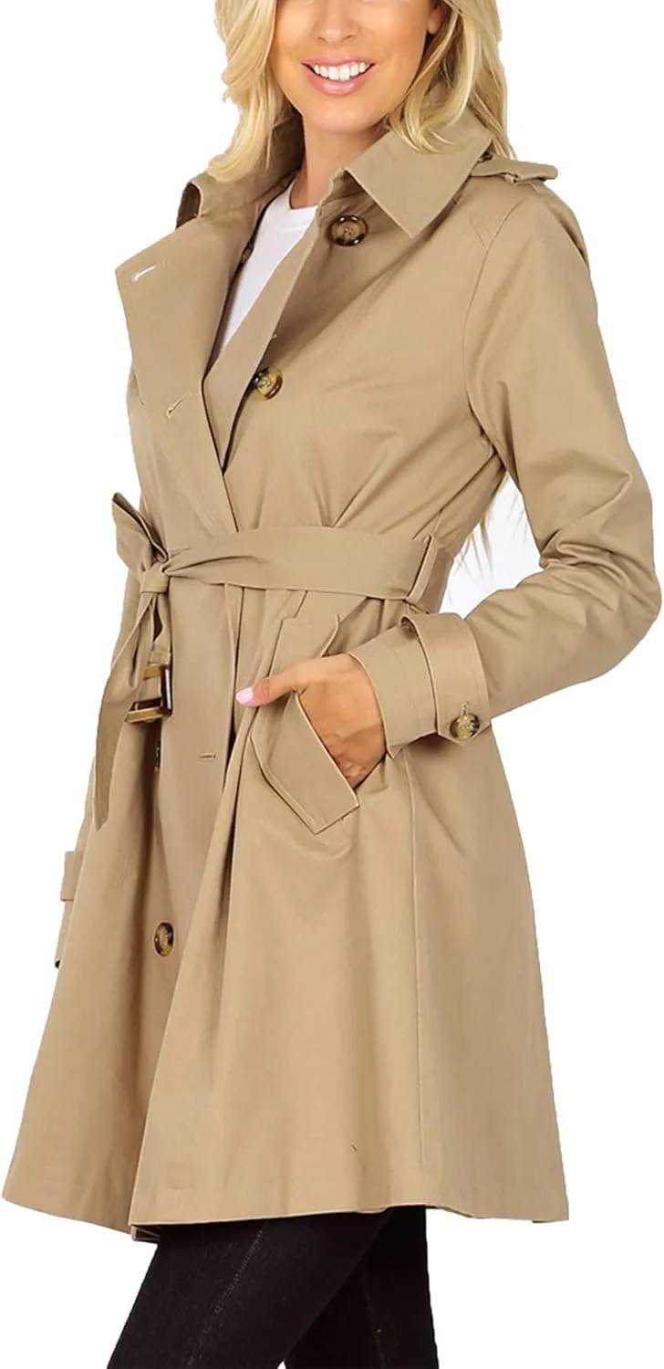 KOGMO Womens Double Breasted Trench Coat Jacket with Waist Belt