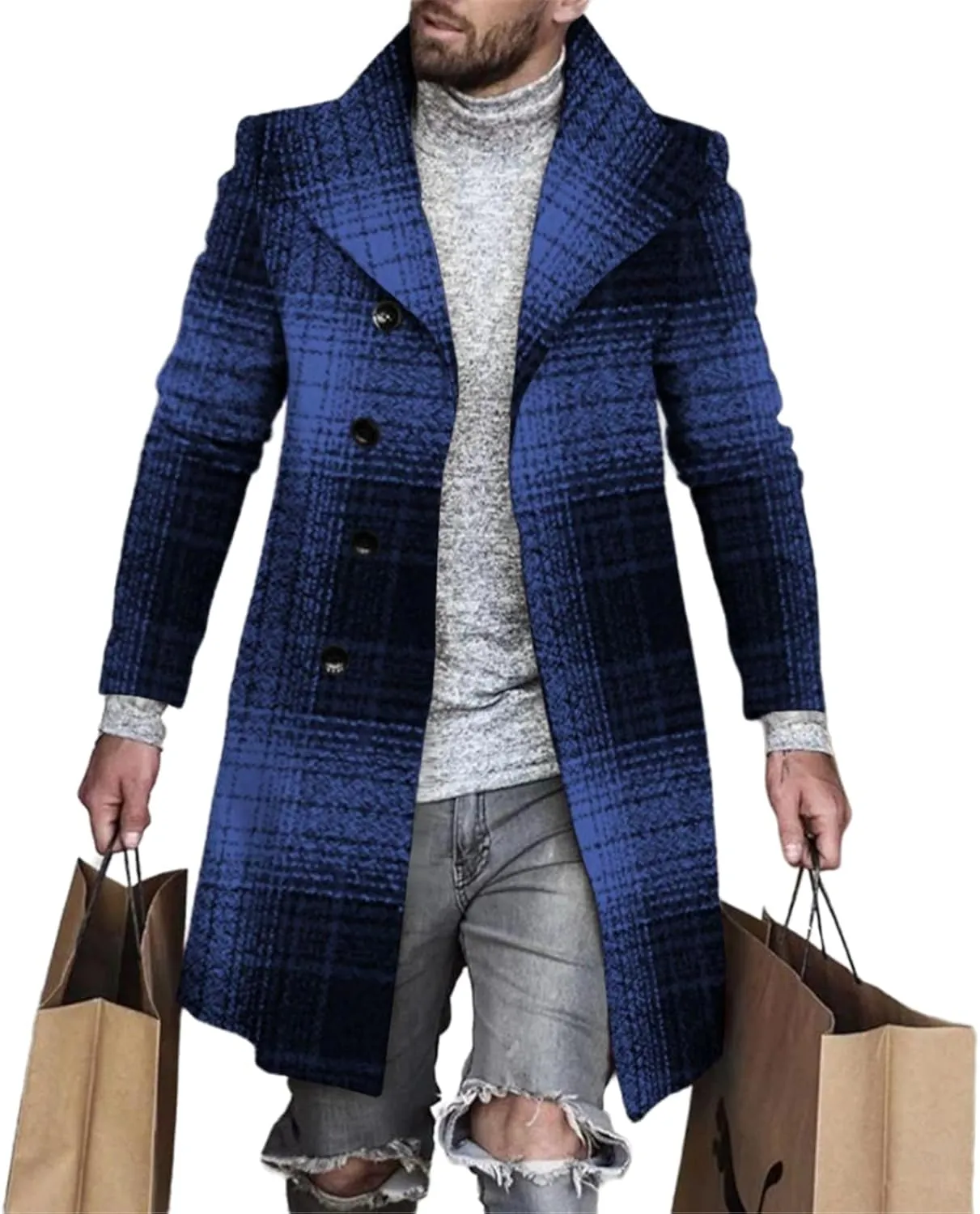 LOAIHA Men's Casual Trench Coat Fashion Plaid Splicing Single Breasted Mid Length Peacoat Fall Winter Warm Jacket Outwear