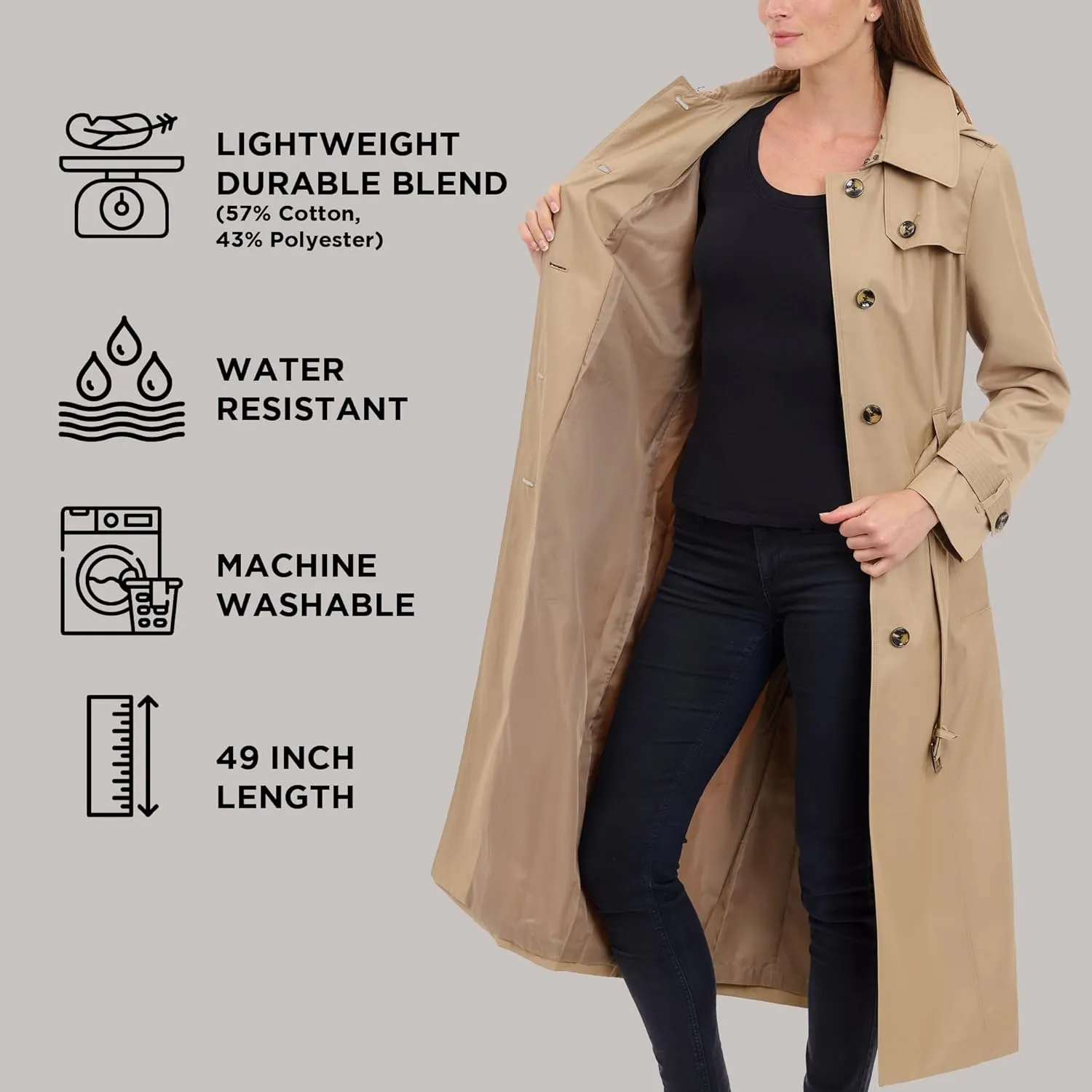 LONDON FOG Women's Single Breasted Long Trench Coat with Epaulettes and Belt