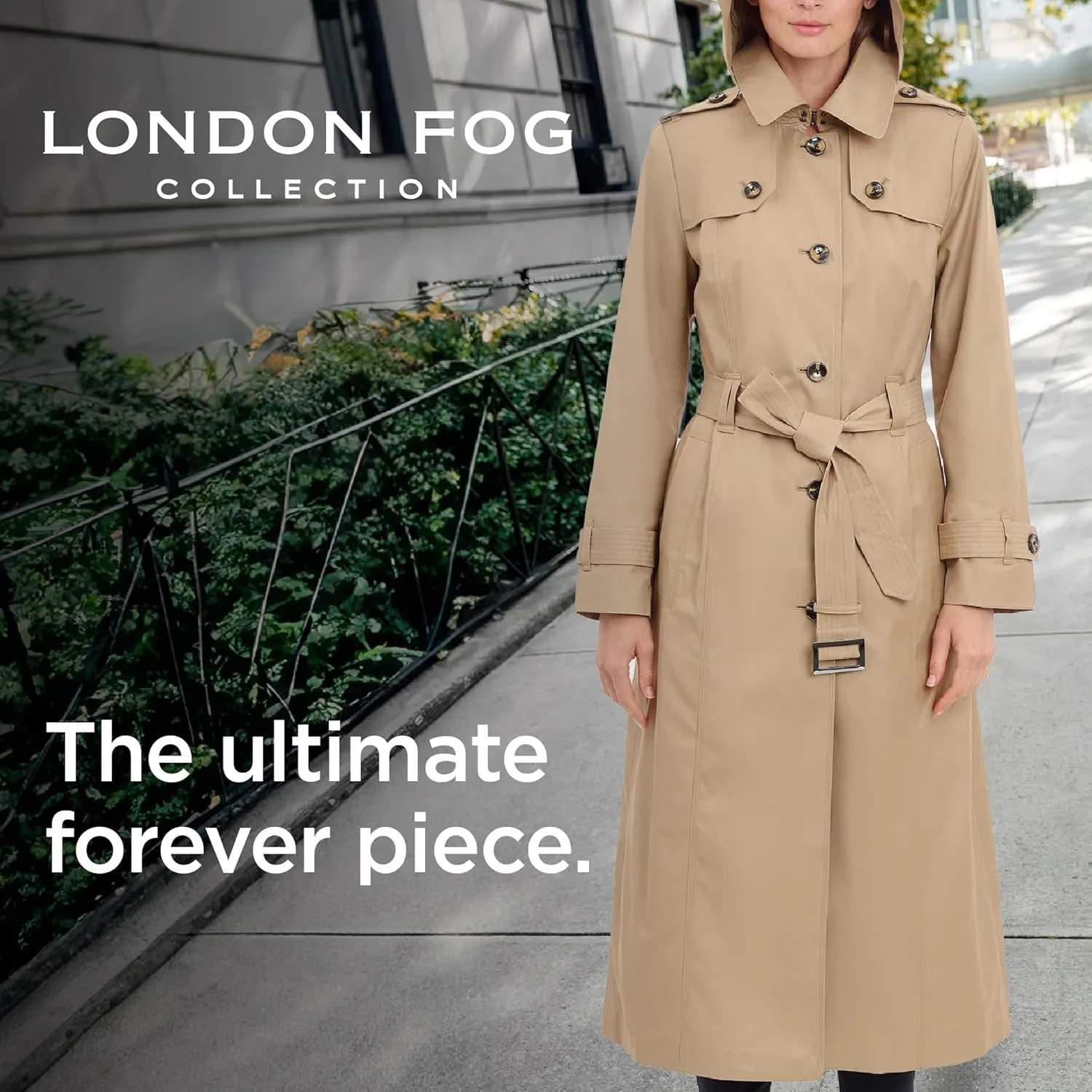 LONDON FOG Women's Single Breasted Long Trench Coat with Epaulettes and Belt