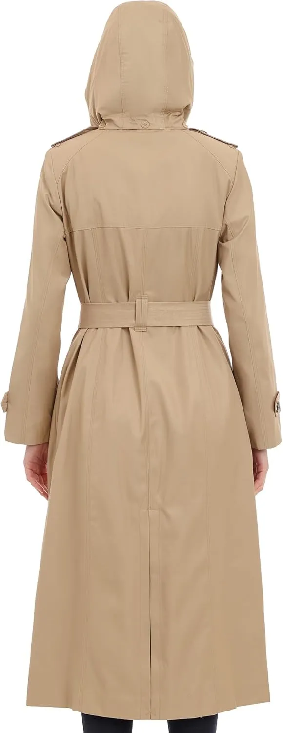 LONDON FOG Women's Single Breasted Long Trench Coat with Epaulettes and Belt