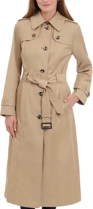 LONDON FOG Women's Single Breasted Long Trench Coat with Epaulettes and Belt