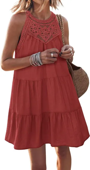 MASCOMODA Women's Summer Hollow Out Halter Sleeveless Mini Dress Casual Ruffle Tiered A Line Cocktail Party Short Sundresses