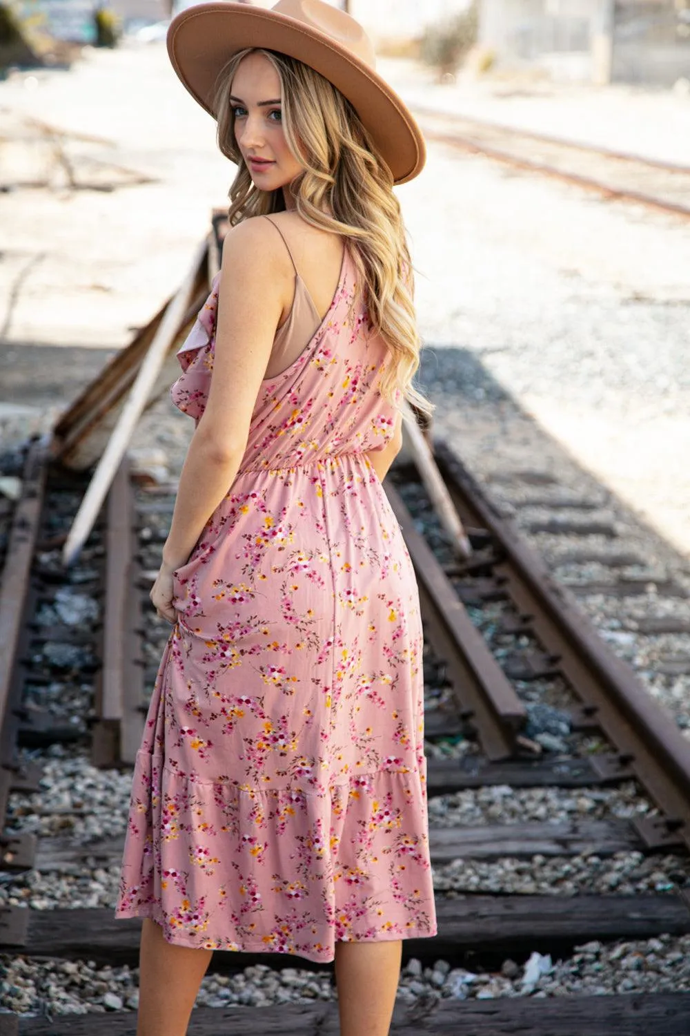 Mauve Floral Halter Ruffle Hem Midi Dress
