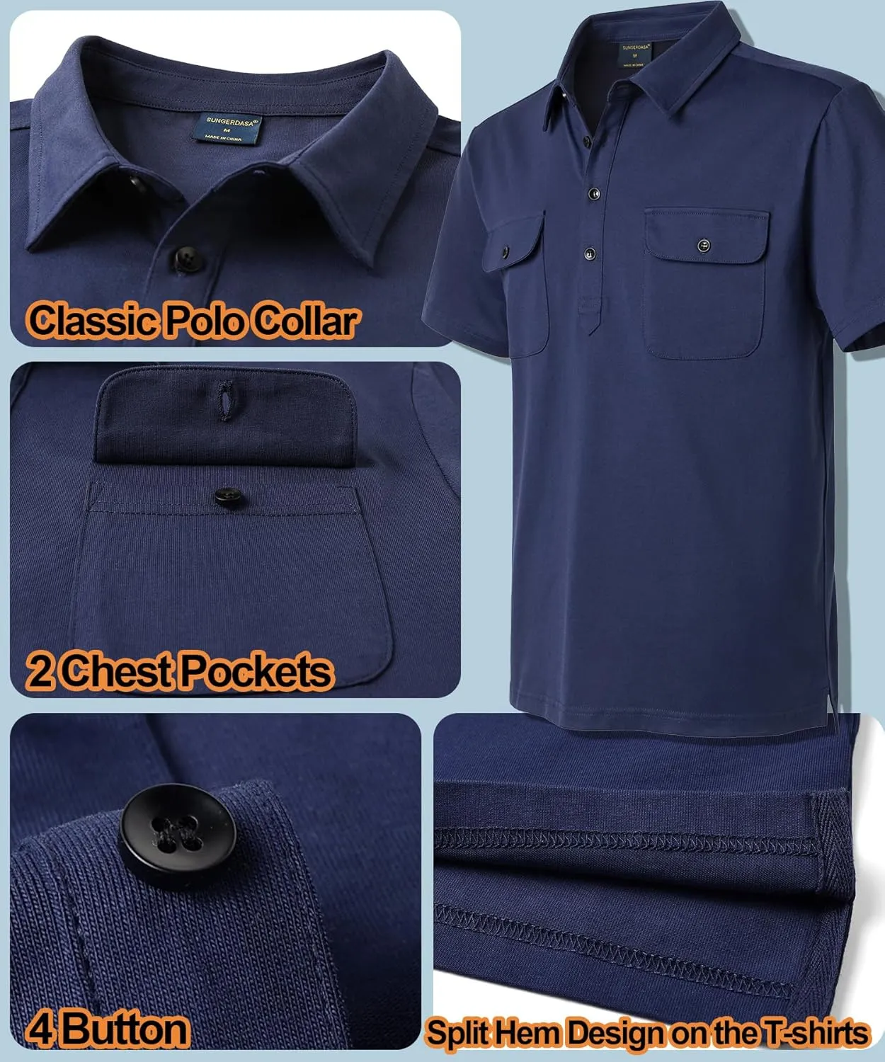 Mens Short Sleeve Polo Shirt Cotton Golf T-Shirt Work Shirts with 2 Pockets