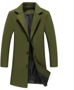 Mens Wool Blend Coat Winter Trench Coats Notched Lapel Collar Single Breasted Overcoat Classic Business Peacoat