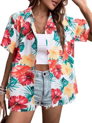 MYHALF Women Hawaiian Shirt Soft Cool Summer Hawaii Shirts Floral Tropic Print V Neck T-Shirt Short Sleeve Button Up Tops