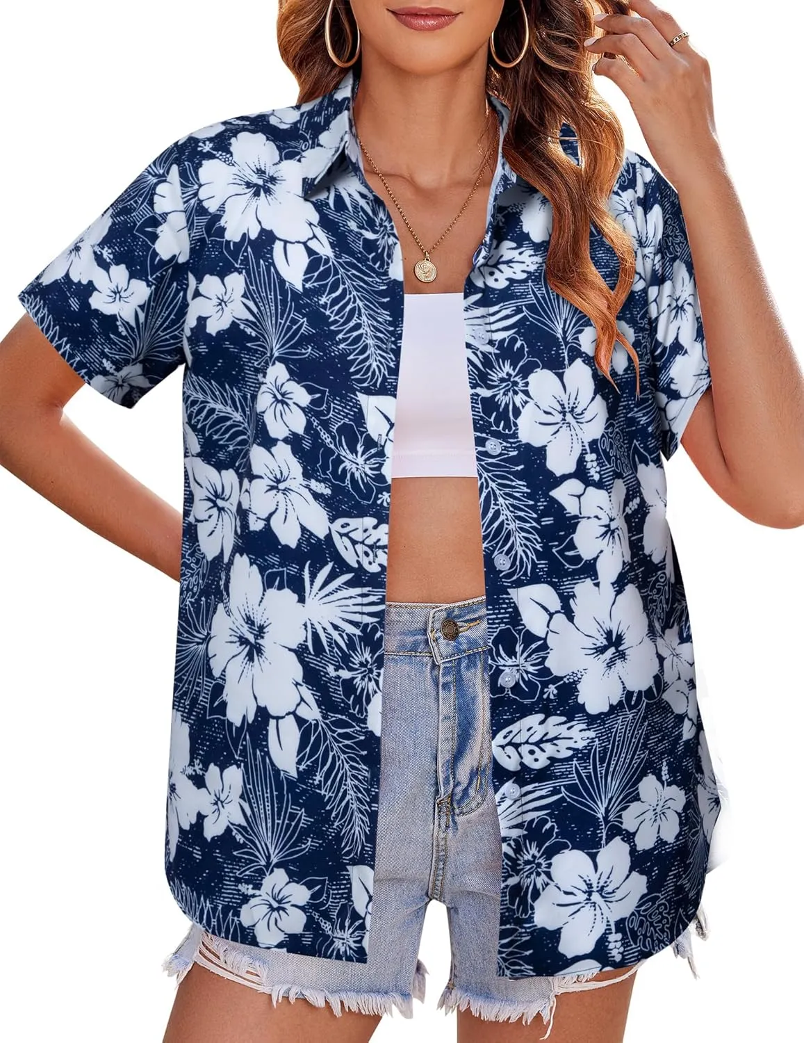 MYHALF Women Hawaiian Shirt Soft Cool Summer Hawaii Shirts Floral Tropic Print V Neck T-Shirt Short Sleeve Button Up Tops