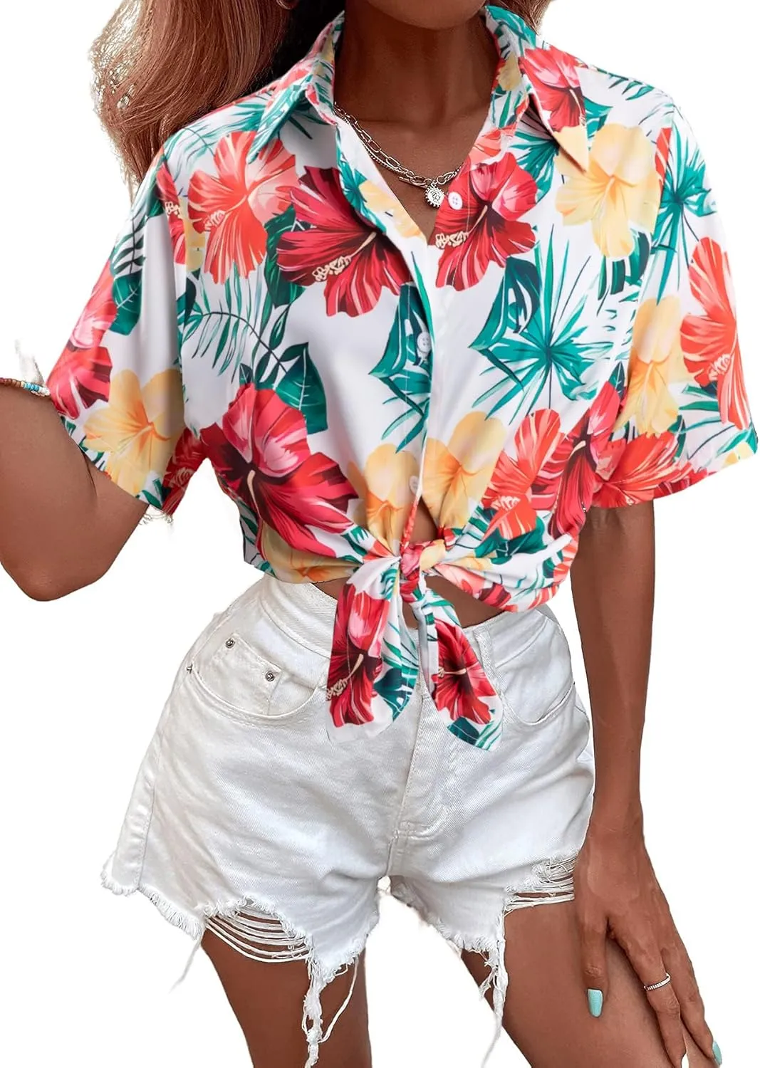 MYHALF Women Hawaiian Shirt Soft Cool Summer Hawaii Shirts Floral Tropic Print V Neck T-Shirt Short Sleeve Button Up Tops