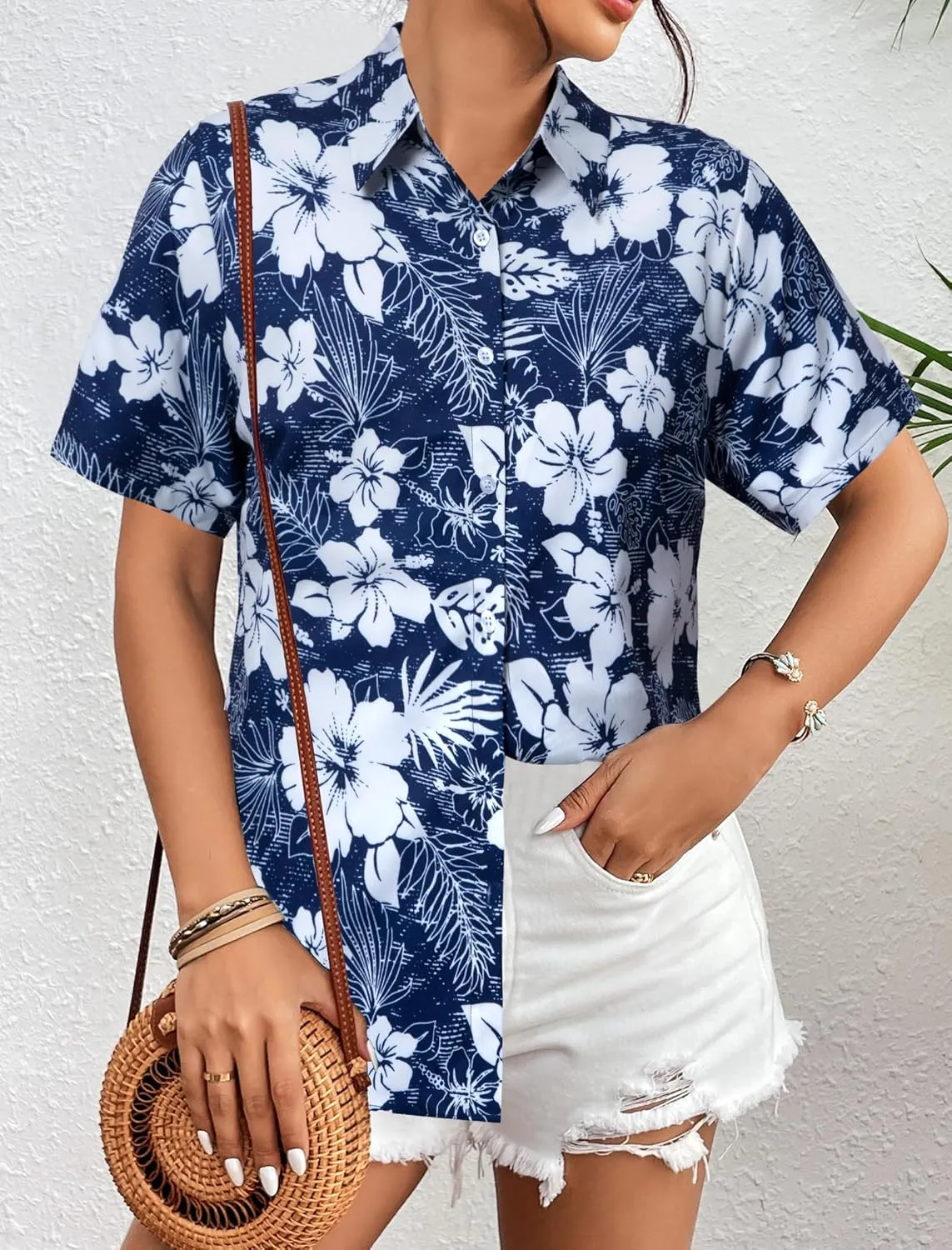 MYHALF Women Hawaiian Shirt Soft Cool Summer Hawaii Shirts Floral Tropic Print V Neck T-Shirt Short Sleeve Button Up Tops