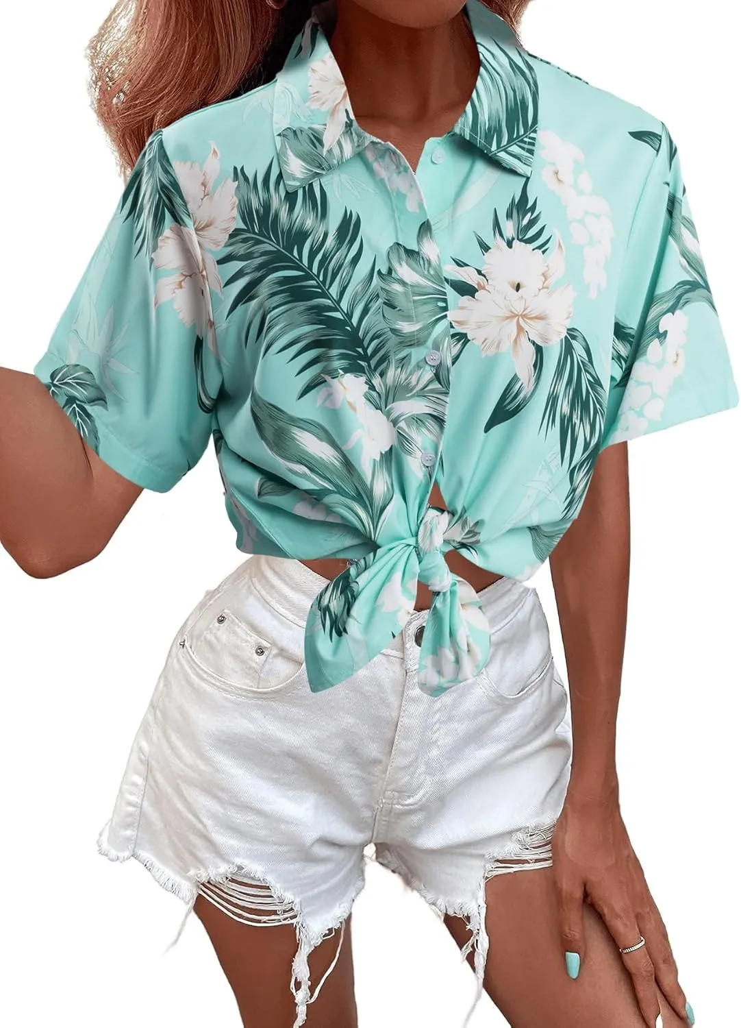 MYHALF Women Hawaiian Shirt Soft Cool Summer Hawaii Shirts Floral Tropic Print V Neck T-Shirt Short Sleeve Button Up Tops