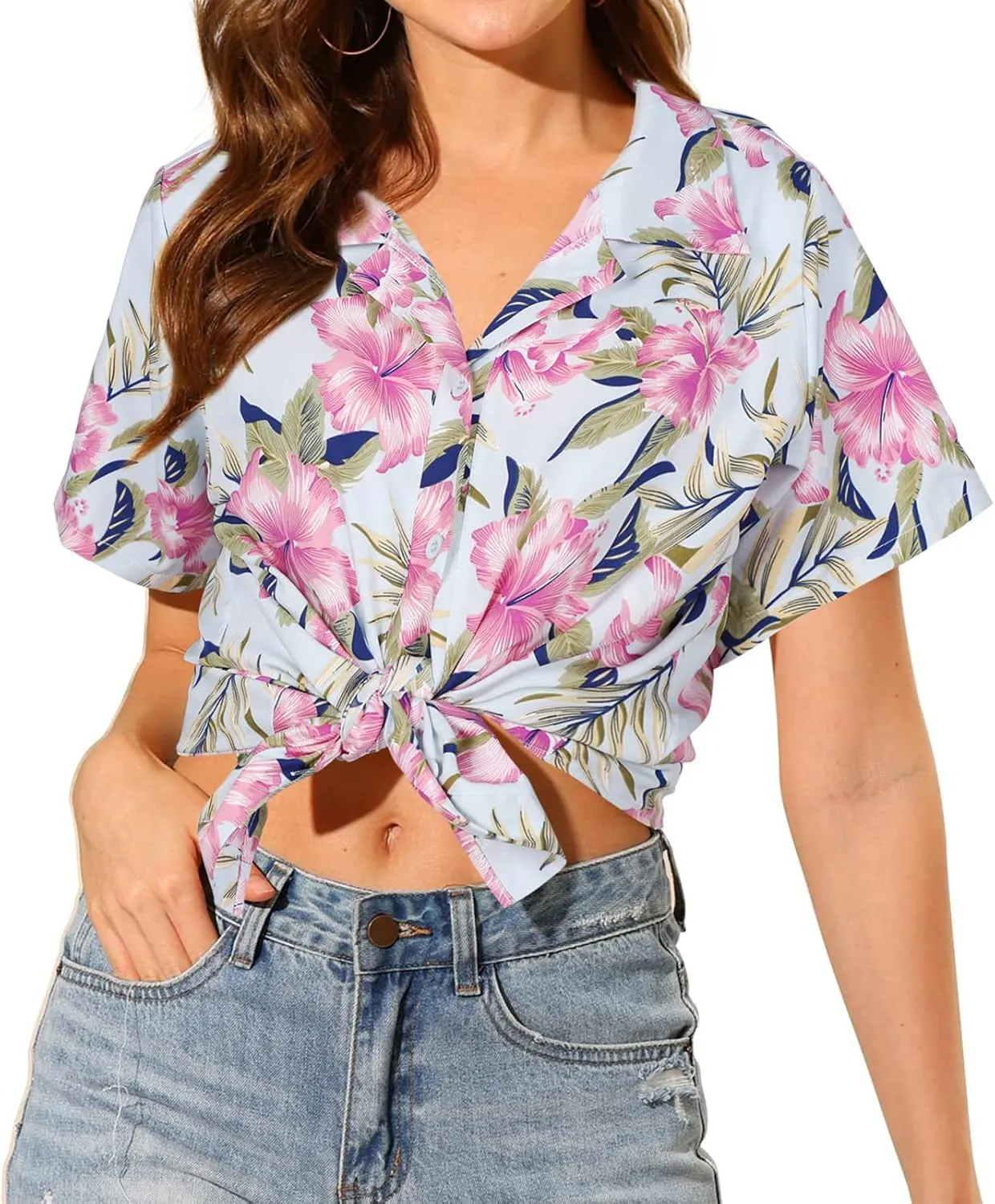 MYHALF Women Hawaiian Shirt Soft Cool Summer Hawaii Shirts Floral Tropic Print V Neck T-Shirt Short Sleeve Button Up Tops
