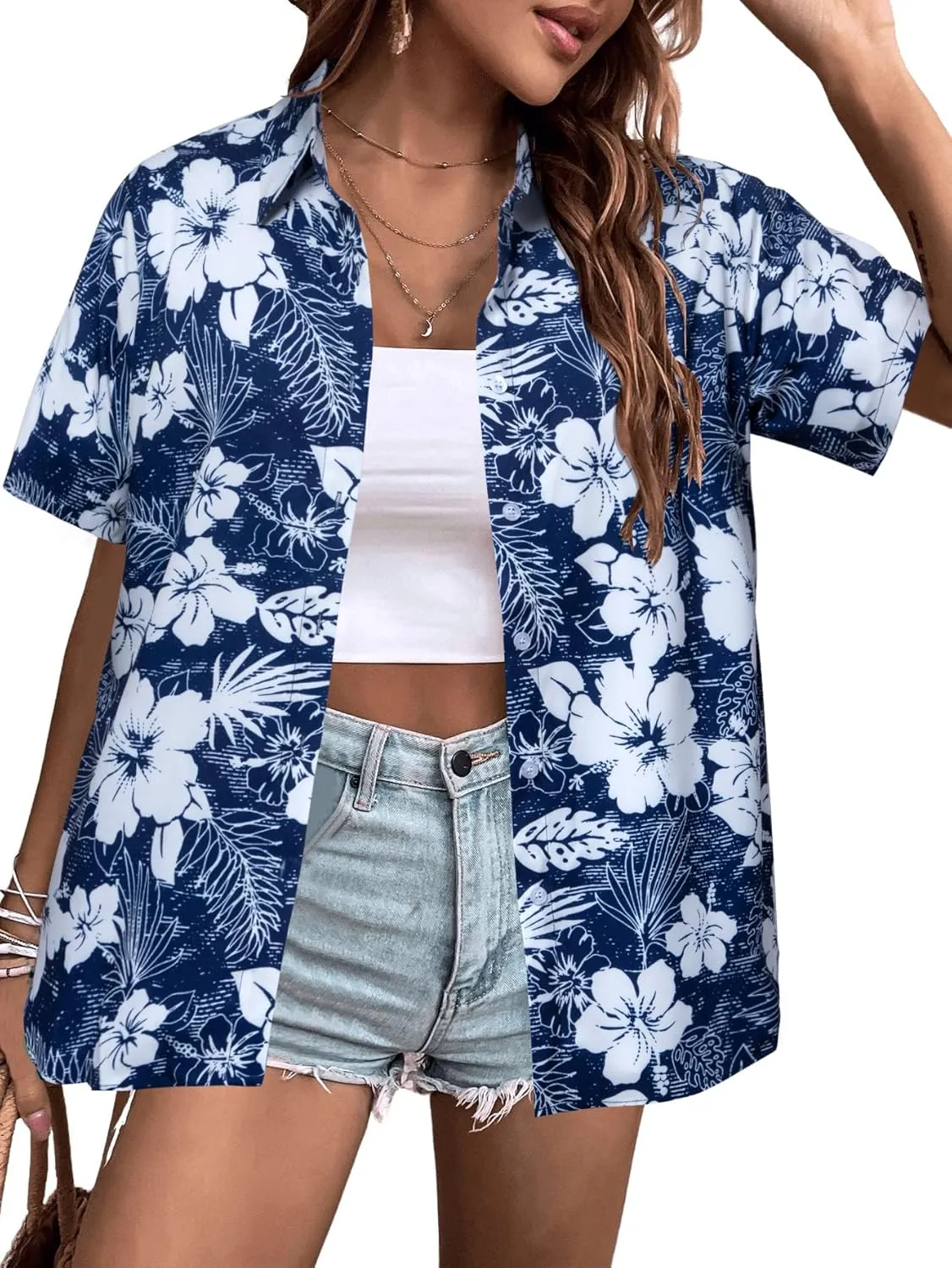 MYHALF Women Hawaiian Shirt Soft Cool Summer Hawaii Shirts Floral Tropic Print V Neck T-Shirt Short Sleeve Button Up Tops