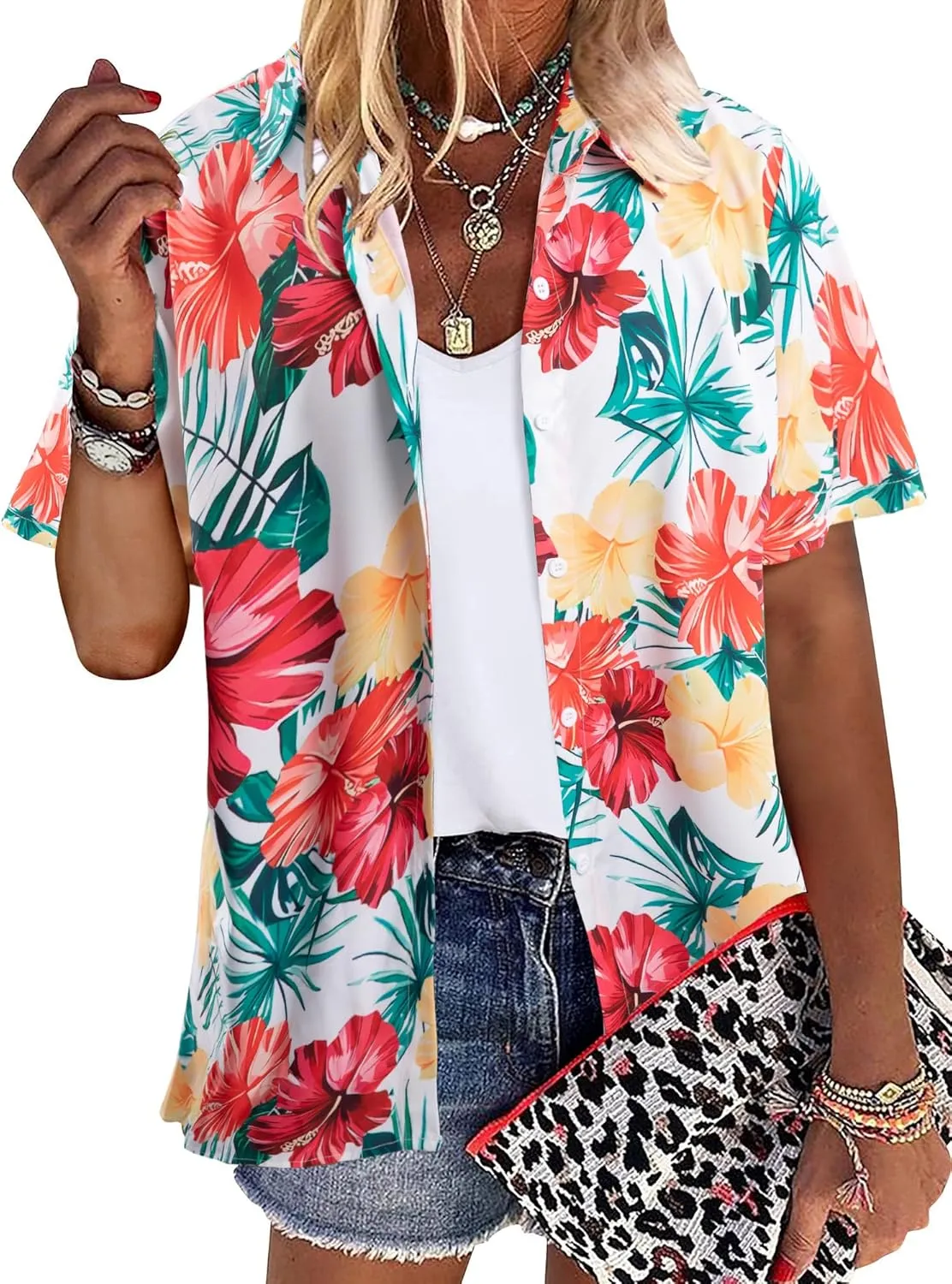 MYHALF Women Hawaiian Shirt Soft Cool Summer Hawaii Shirts Floral Tropic Print V Neck T-Shirt Short Sleeve Button Up Tops