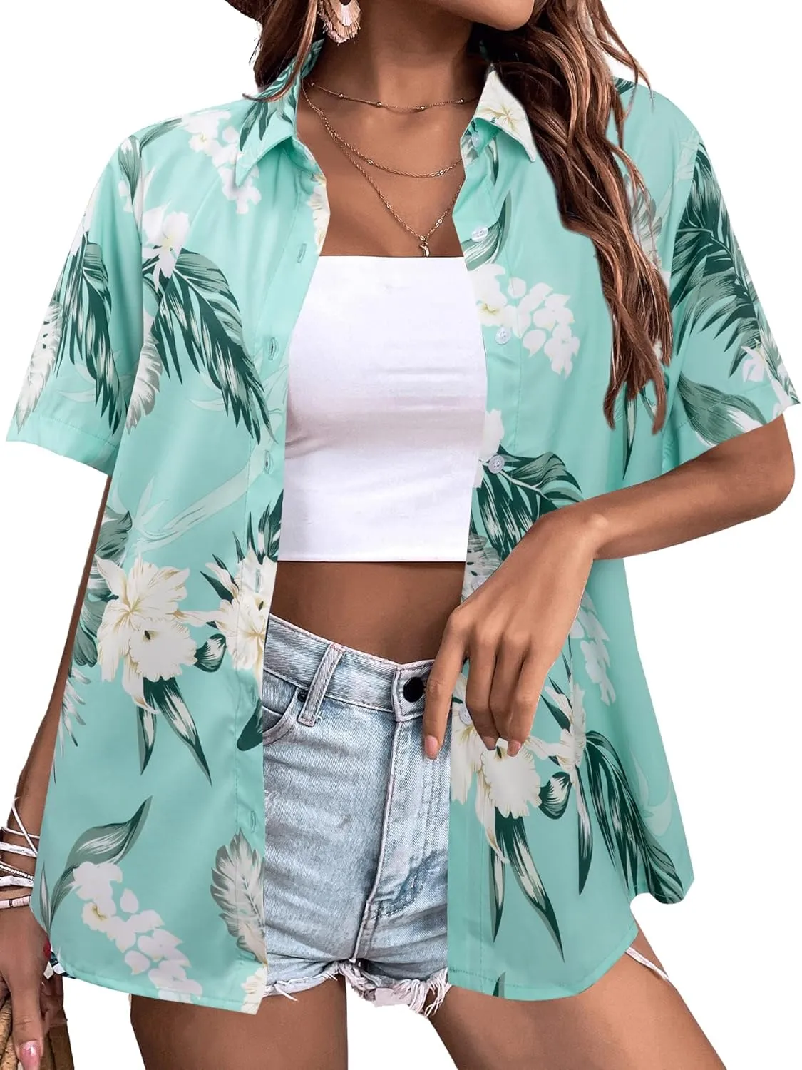 MYHALF Women Hawaiian Shirt Soft Cool Summer Hawaii Shirts Floral Tropic Print V Neck T-Shirt Short Sleeve Button Up Tops