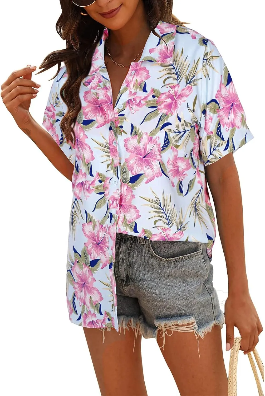 MYHALF Women Hawaiian Shirt Soft Cool Summer Hawaii Shirts Floral Tropic Print V Neck T-Shirt Short Sleeve Button Up Tops