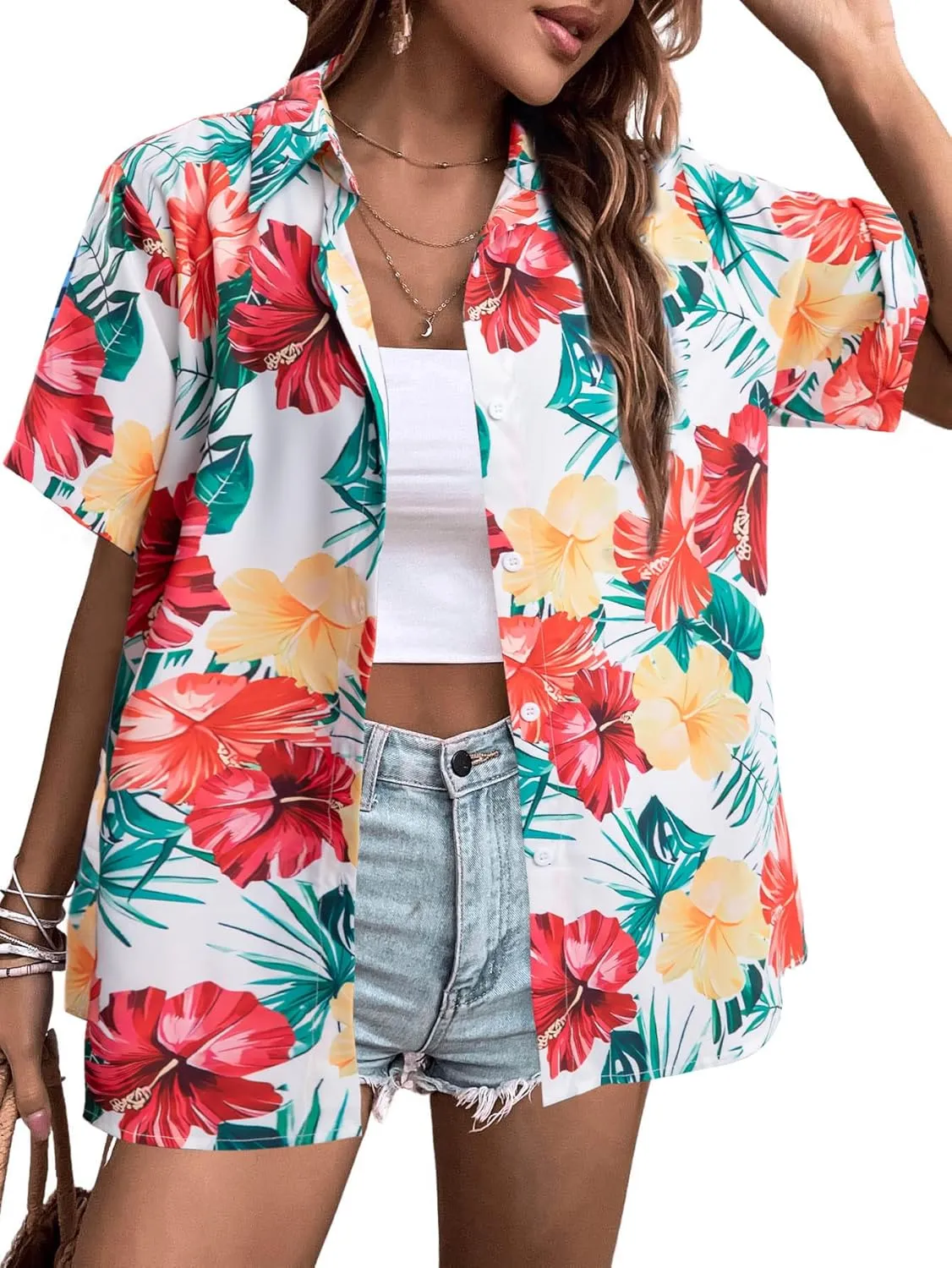 MYHALF Women Hawaiian Shirt Soft Cool Summer Hawaii Shirts Floral Tropic Print V Neck T-Shirt Short Sleeve Button Up Tops
