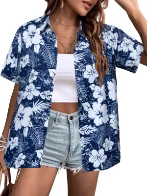MYHALF Women Hawaiian Shirt Soft Cool Summer Hawaii Shirts Floral Tropic Print V Neck T-Shirt Short Sleeve Button Up Tops