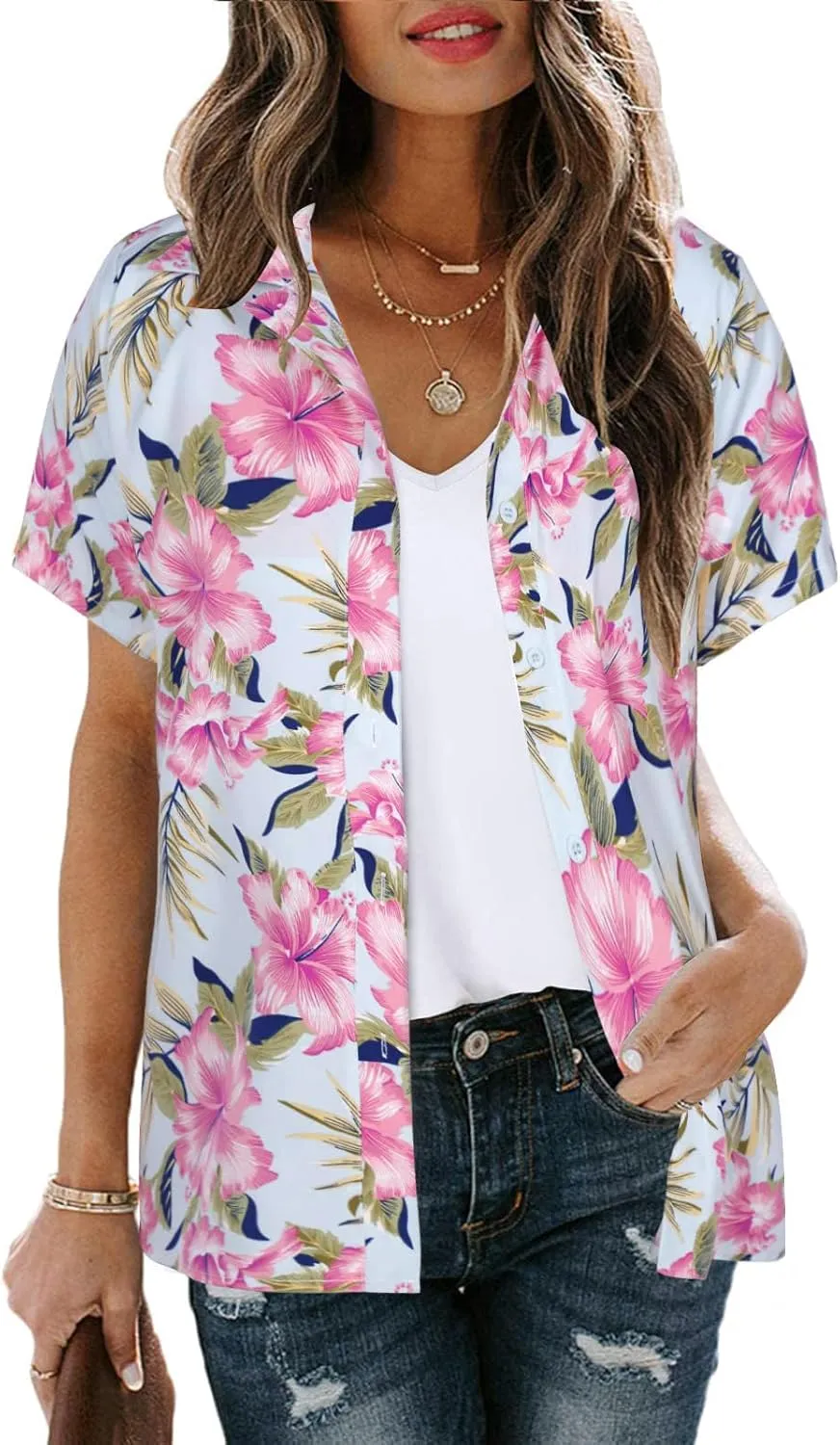 MYHALF Women Hawaiian Shirt Soft Cool Summer Hawaii Shirts Floral Tropic Print V Neck T-Shirt Short Sleeve Button Up Tops