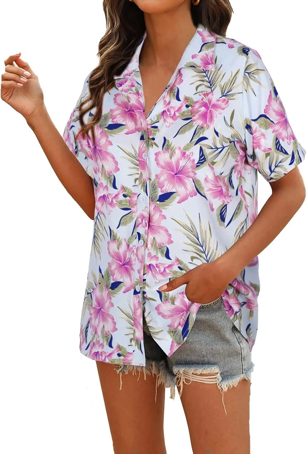 MYHALF Women Hawaiian Shirt Soft Cool Summer Hawaii Shirts Floral Tropic Print V Neck T-Shirt Short Sleeve Button Up Tops