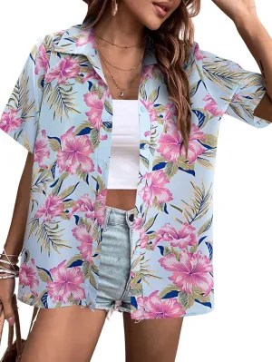 MYHALF Women Hawaiian Shirt Soft Cool Summer Hawaii Shirts Floral Tropic Print V Neck T-Shirt Short Sleeve Button Up Tops