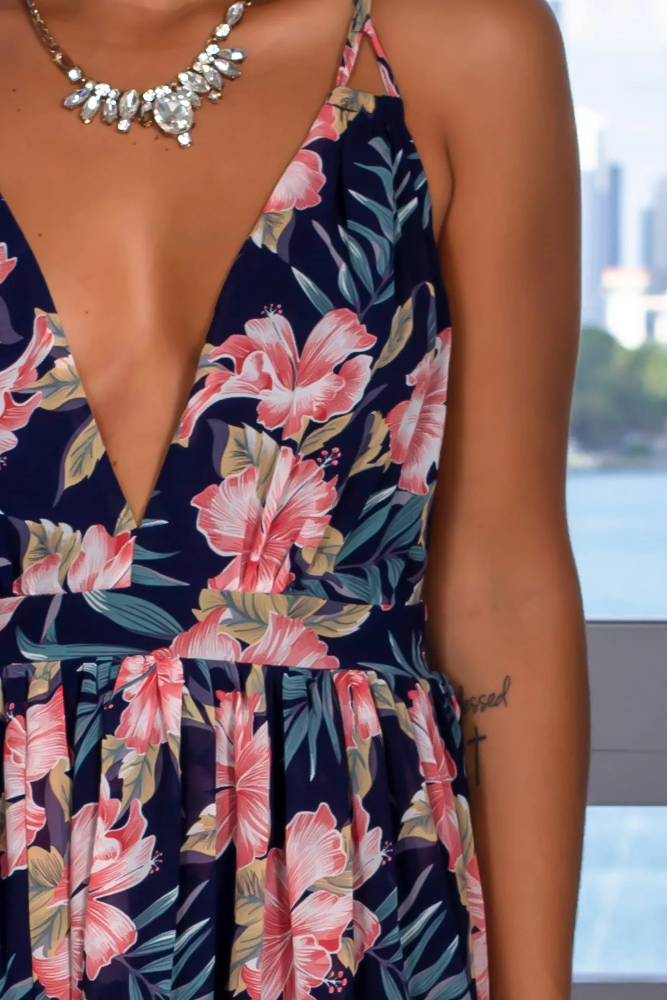 Navy V-Neck Floral Printed Maxi Dress