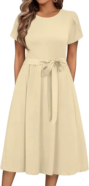 NBXNZWF Women 2025 Summer Dress Short Sleeve Crewneck Belt Midi Dress Floral Print Elegant A Line T-Shirt Dress with Pockets