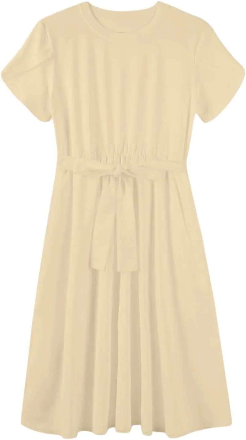 NBXNZWF Women 2025 Summer Dress Short Sleeve Crewneck Belt Midi Dress Floral Print Elegant A Line T-Shirt Dress with Pockets