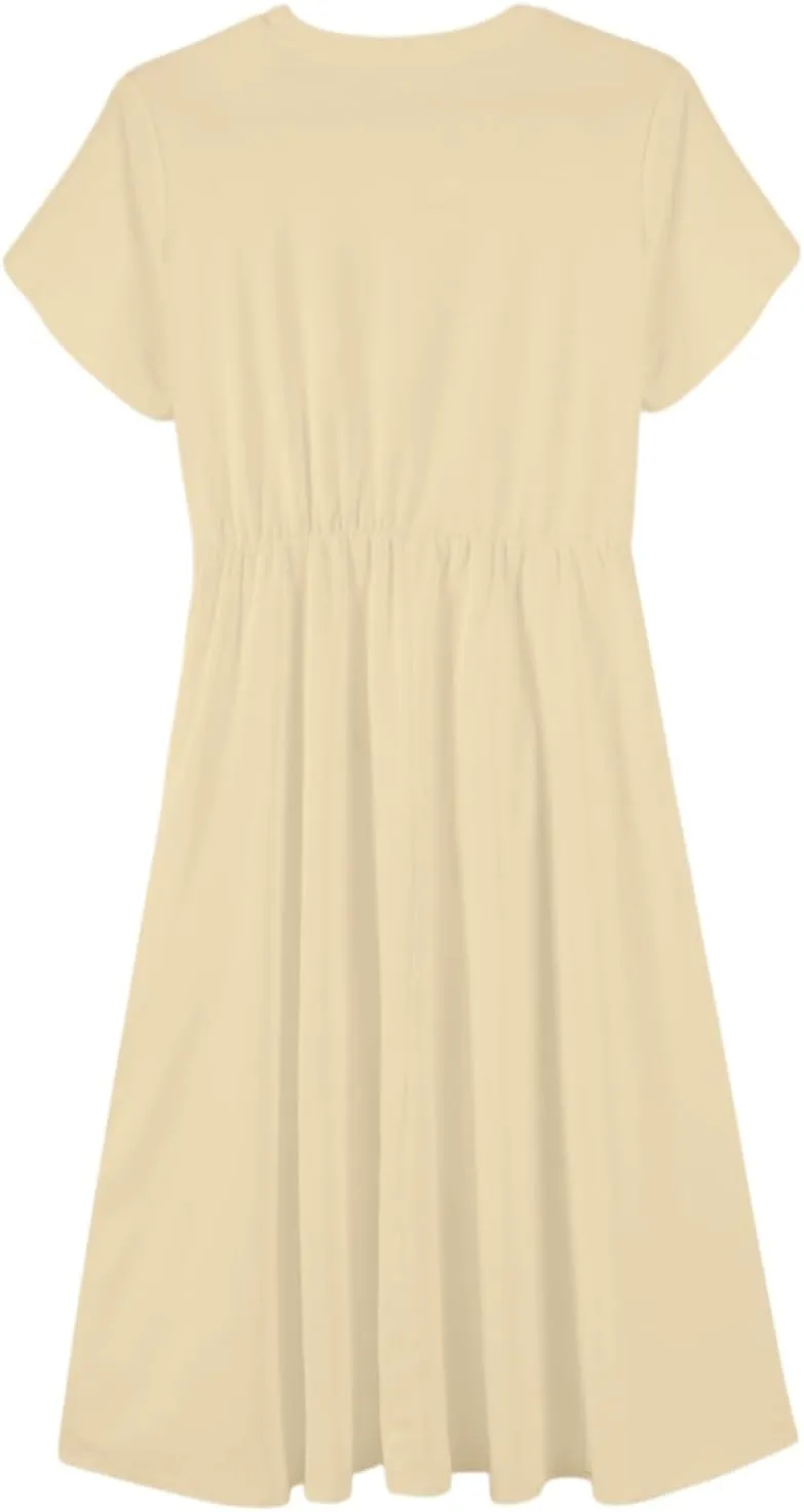 NBXNZWF Women 2025 Summer Dress Short Sleeve Crewneck Belt Midi Dress Floral Print Elegant A Line T-Shirt Dress with Pockets