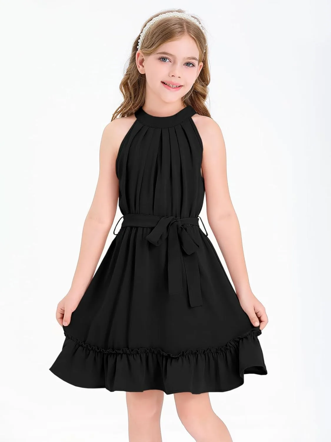 Newffr Girl's Halter Neck Sleeveless Summer Dress Tie Waist A-line Sundress Mini Swing Pleated Dress for Girls 4-12