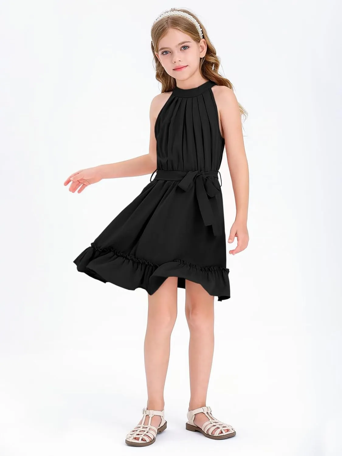 Newffr Girl's Halter Neck Sleeveless Summer Dress Tie Waist A-line Sundress Mini Swing Pleated Dress for Girls 4-12
