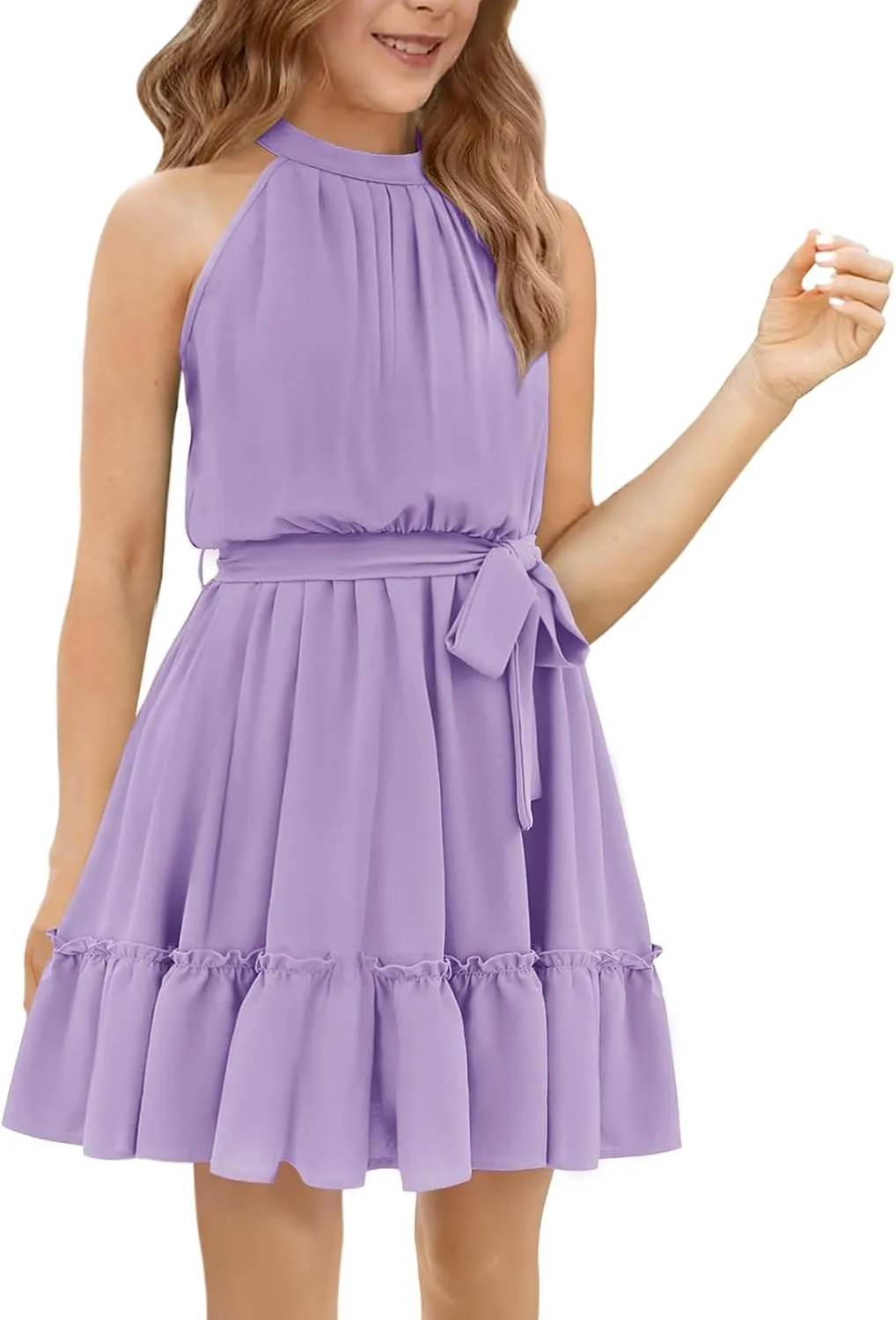 Newffr Girl's Halter Neck Sleeveless Summer Dress Tie Waist A-line Sundress Mini Swing Pleated Dress for Girls 4-12