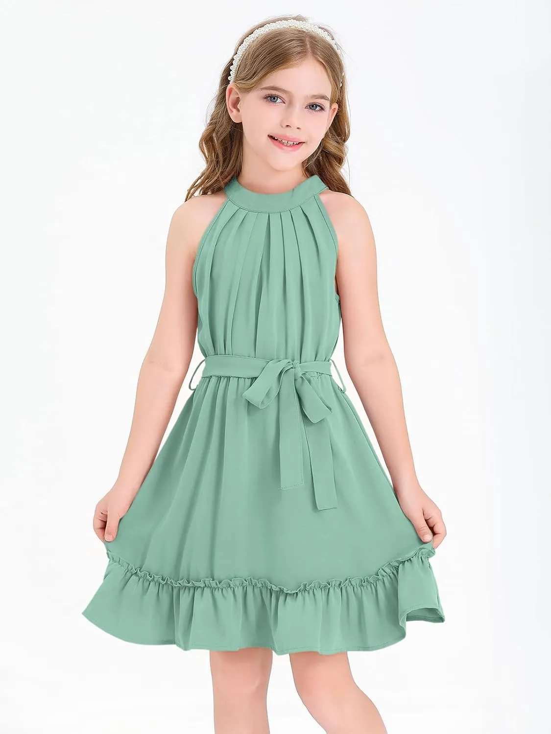 Newffr Girl's Halter Neck Sleeveless Summer Dress Tie Waist A-line Sundress Mini Swing Pleated Dress for Girls 4-12