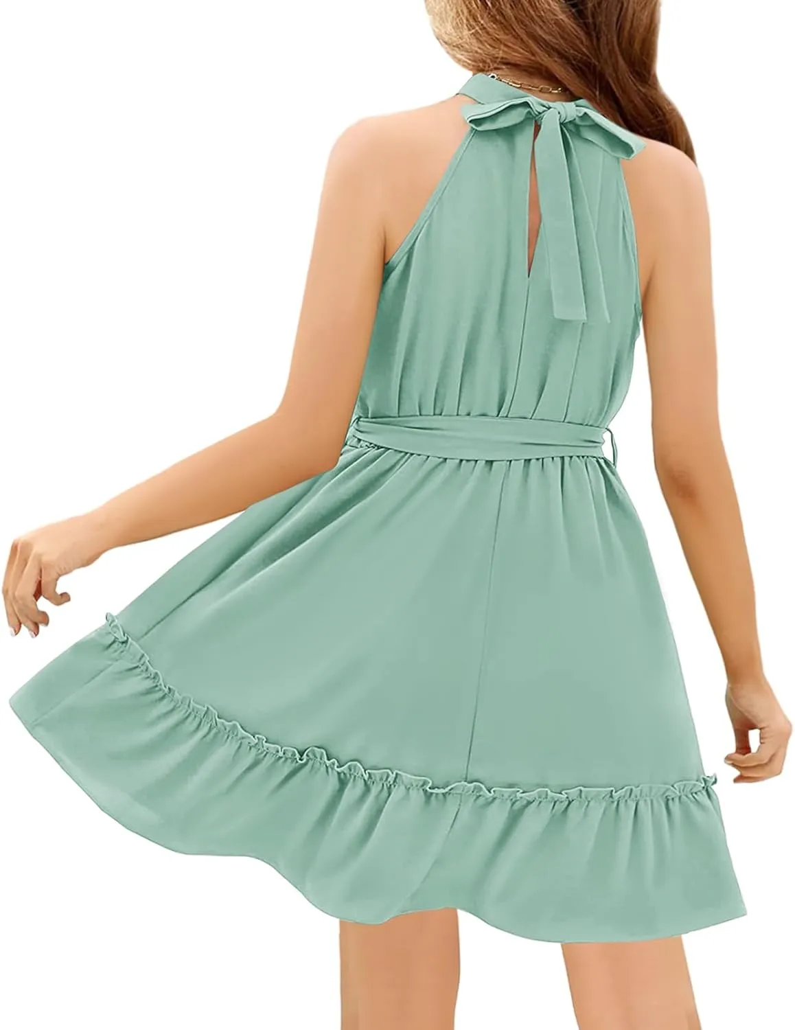 Newffr Girl's Halter Neck Sleeveless Summer Dress Tie Waist A-line Sundress Mini Swing Pleated Dress for Girls 4-12