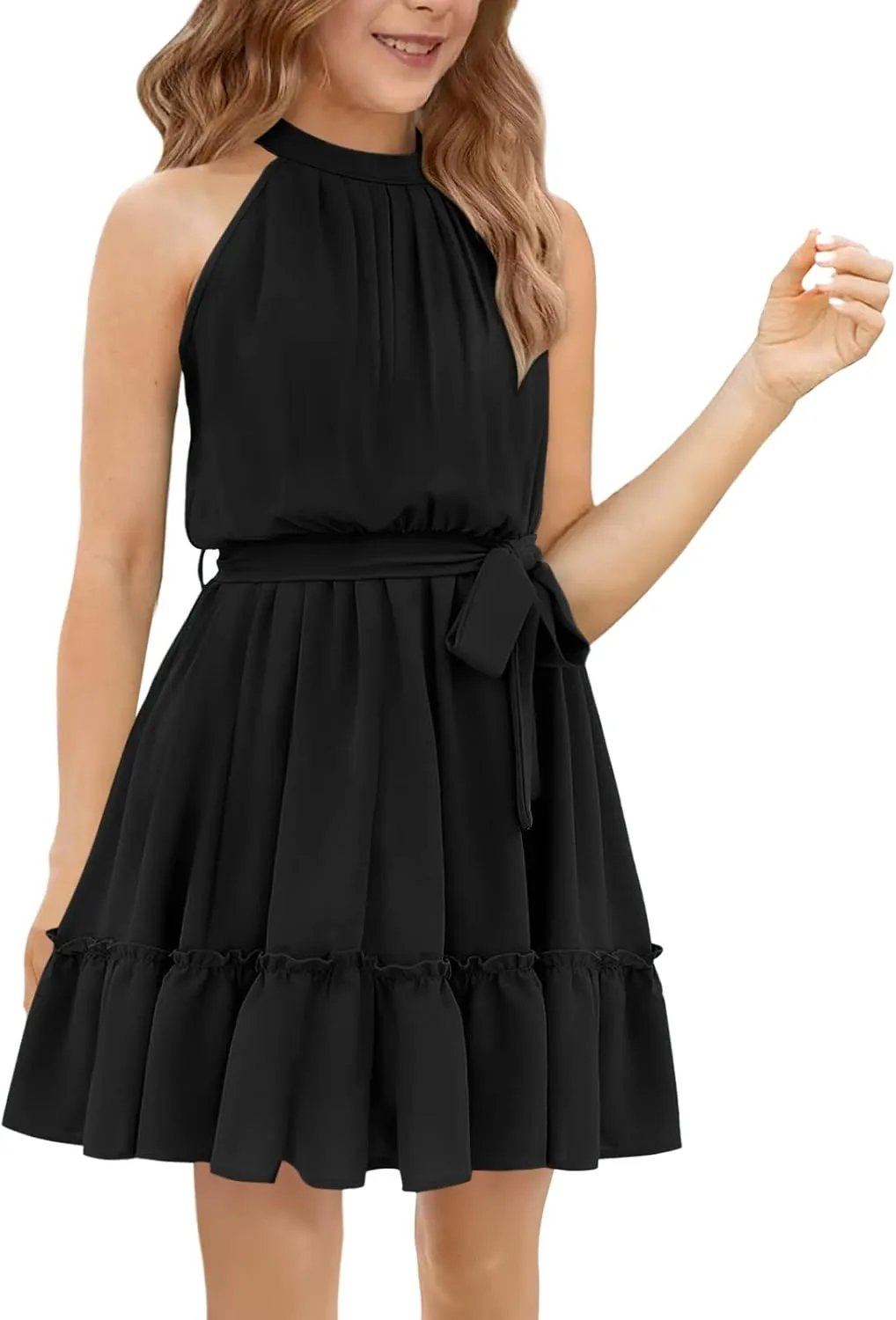 Newffr Girl's Halter Neck Sleeveless Summer Dress Tie Waist A-line Sundress Mini Swing Pleated Dress for Girls 4-12
