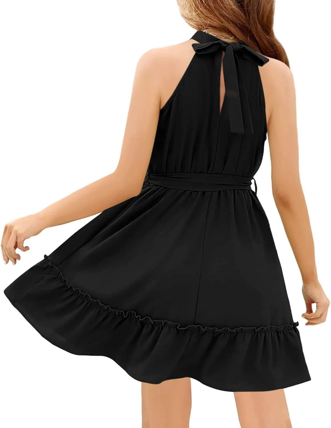 Newffr Girl's Halter Neck Sleeveless Summer Dress Tie Waist A-line Sundress Mini Swing Pleated Dress for Girls 4-12