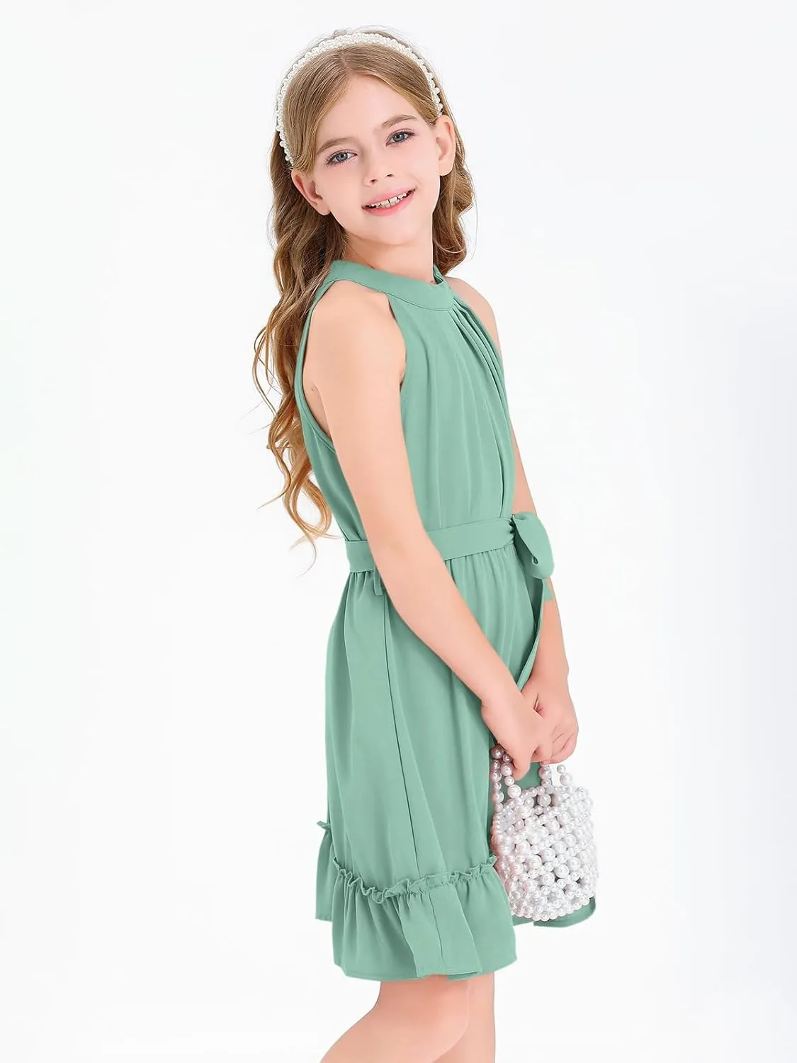 Newffr Girl's Halter Neck Sleeveless Summer Dress Tie Waist A-line Sundress Mini Swing Pleated Dress for Girls 4-12