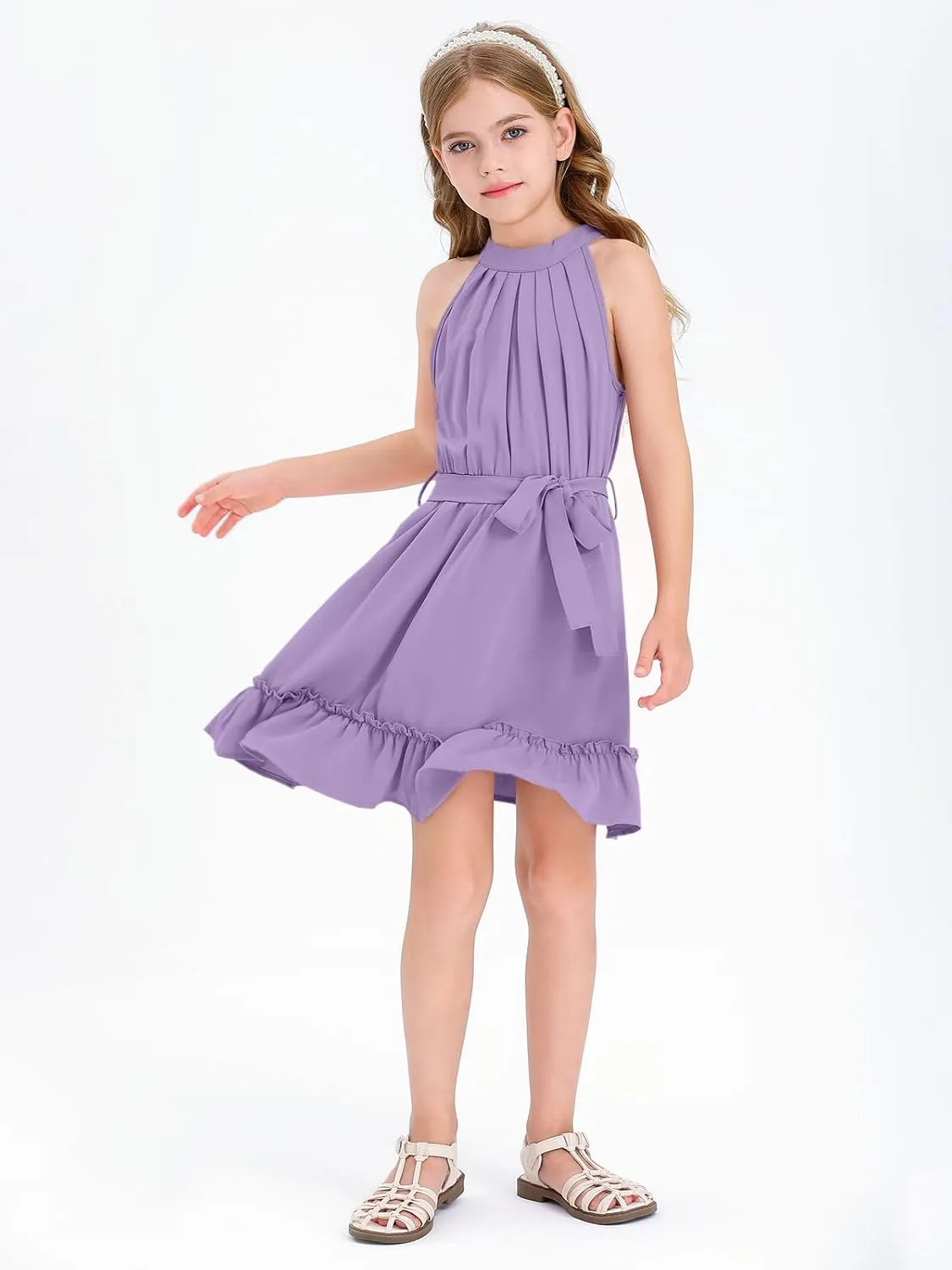 Newffr Girl's Halter Neck Sleeveless Summer Dress Tie Waist A-line Sundress Mini Swing Pleated Dress for Girls 4-12