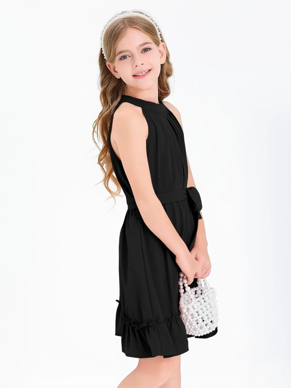 Newffr Girl's Halter Neck Sleeveless Summer Dress Tie Waist A-line Sundress Mini Swing Pleated Dress for Girls 4-12
