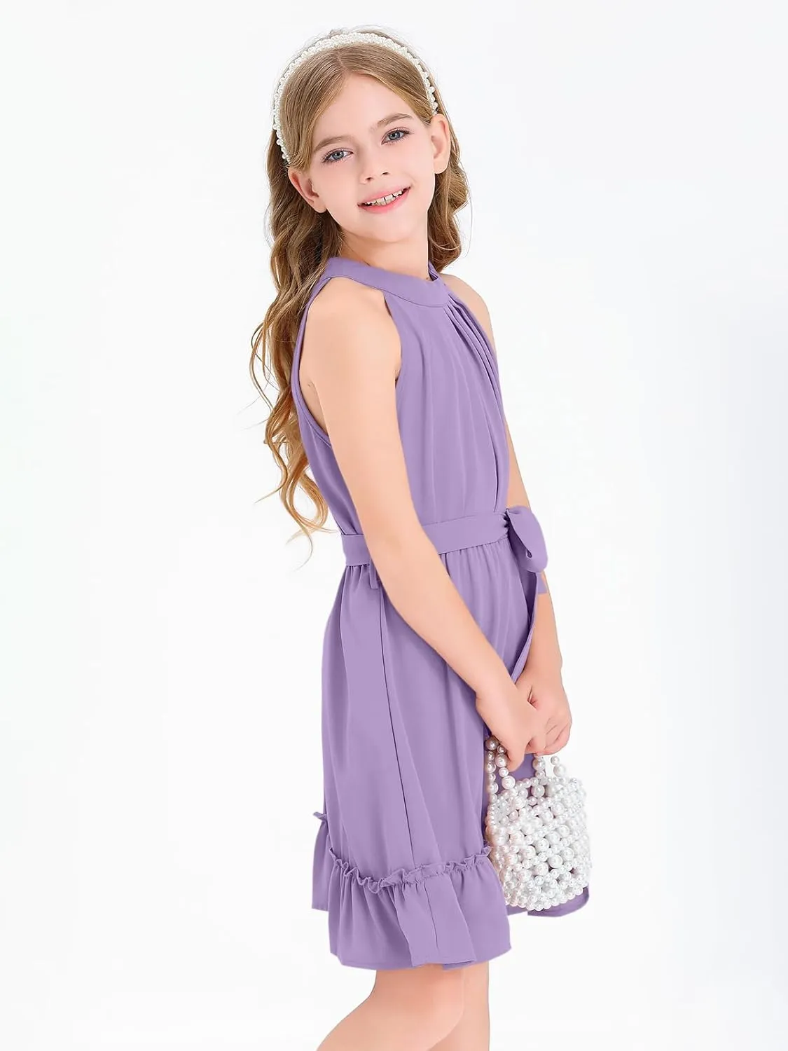 Newffr Girl's Halter Neck Sleeveless Summer Dress Tie Waist A-line Sundress Mini Swing Pleated Dress for Girls 4-12