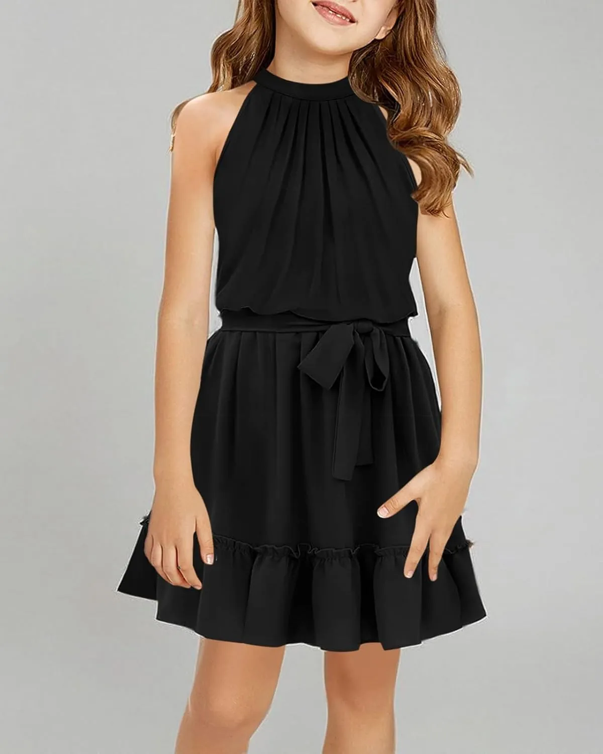 Newffr Girl's Halter Neck Sleeveless Summer Dress Tie Waist A-line Sundress Mini Swing Pleated Dress for Girls 4-12