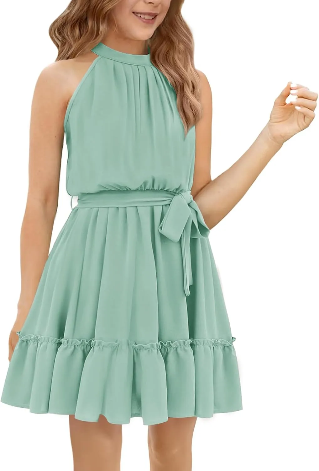 Newffr Girl's Halter Neck Sleeveless Summer Dress Tie Waist A-line Sundress Mini Swing Pleated Dress for Girls 4-12