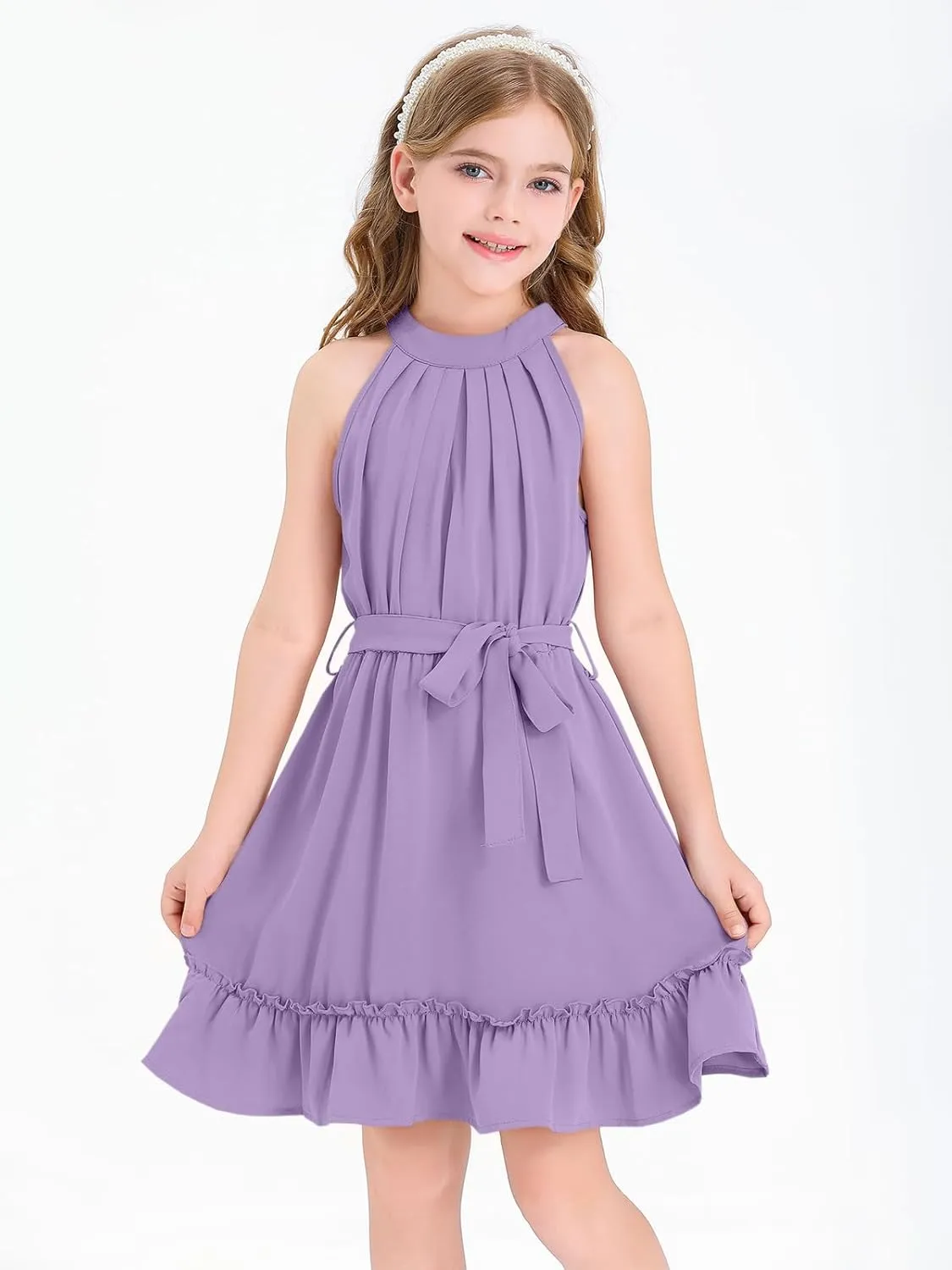 Newffr Girl's Halter Neck Sleeveless Summer Dress Tie Waist A-line Sundress Mini Swing Pleated Dress for Girls 4-12