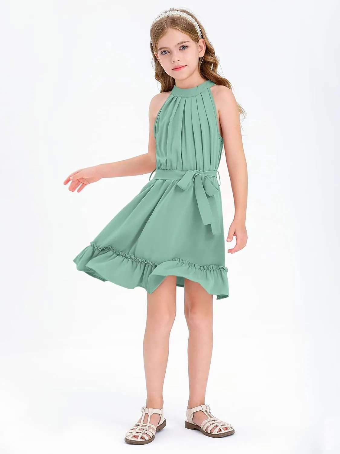 Newffr Girl's Halter Neck Sleeveless Summer Dress Tie Waist A-line Sundress Mini Swing Pleated Dress for Girls 4-12